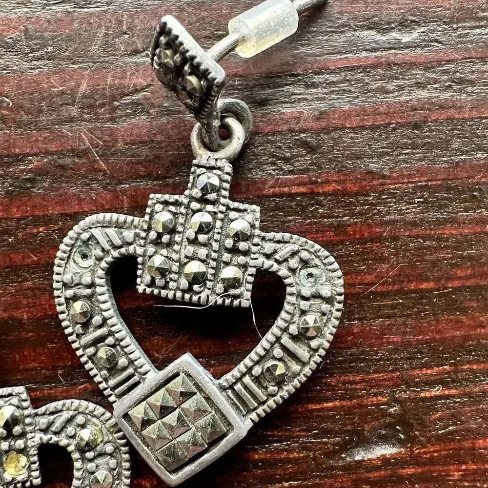 Vintage 925 Sterling Silver Natural Marcasite Heart Pierced Earrings Art Deco